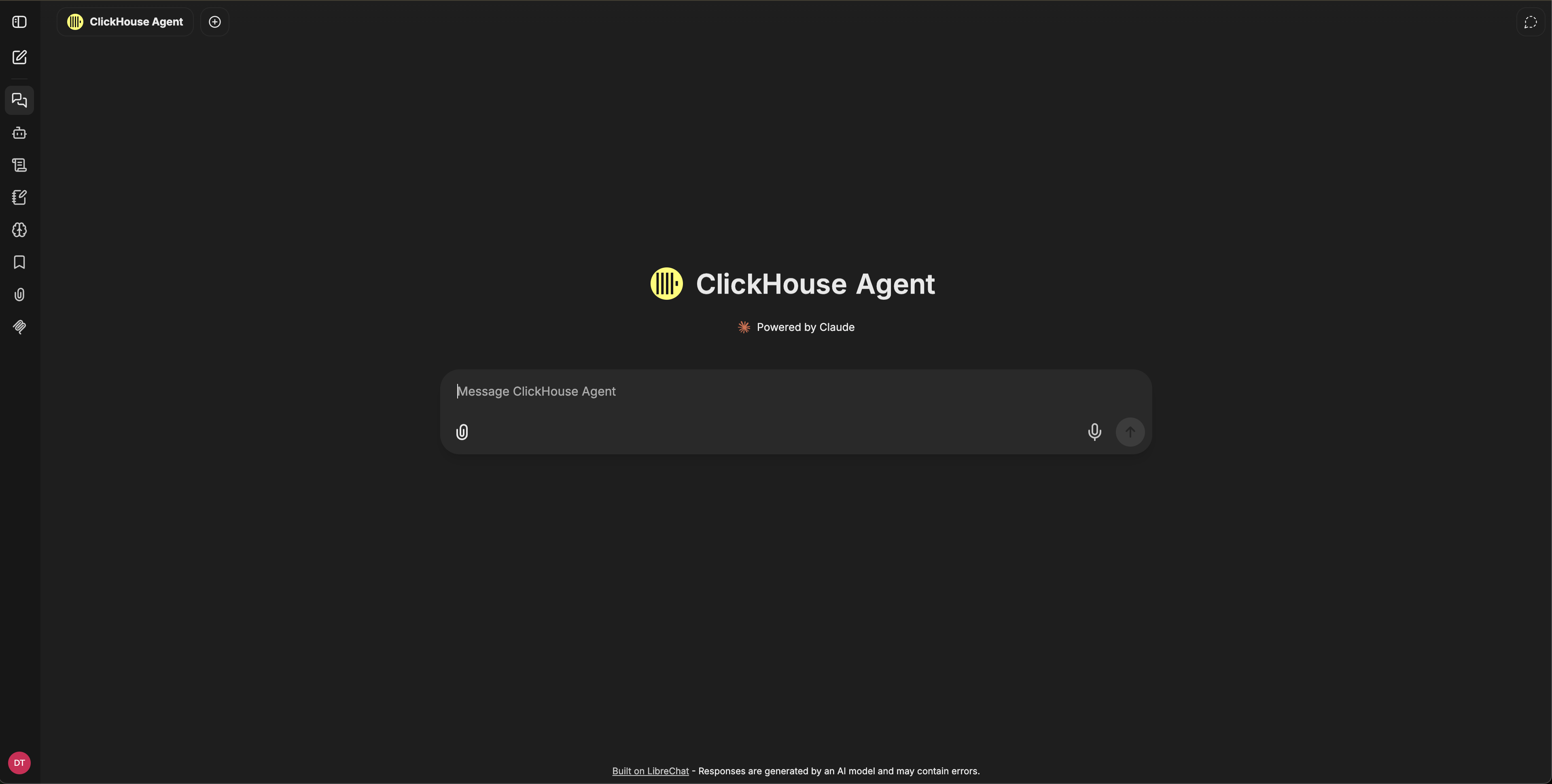 ClickHouse Agent chat surface showing the left navigation, the agent identity header, and the message composer