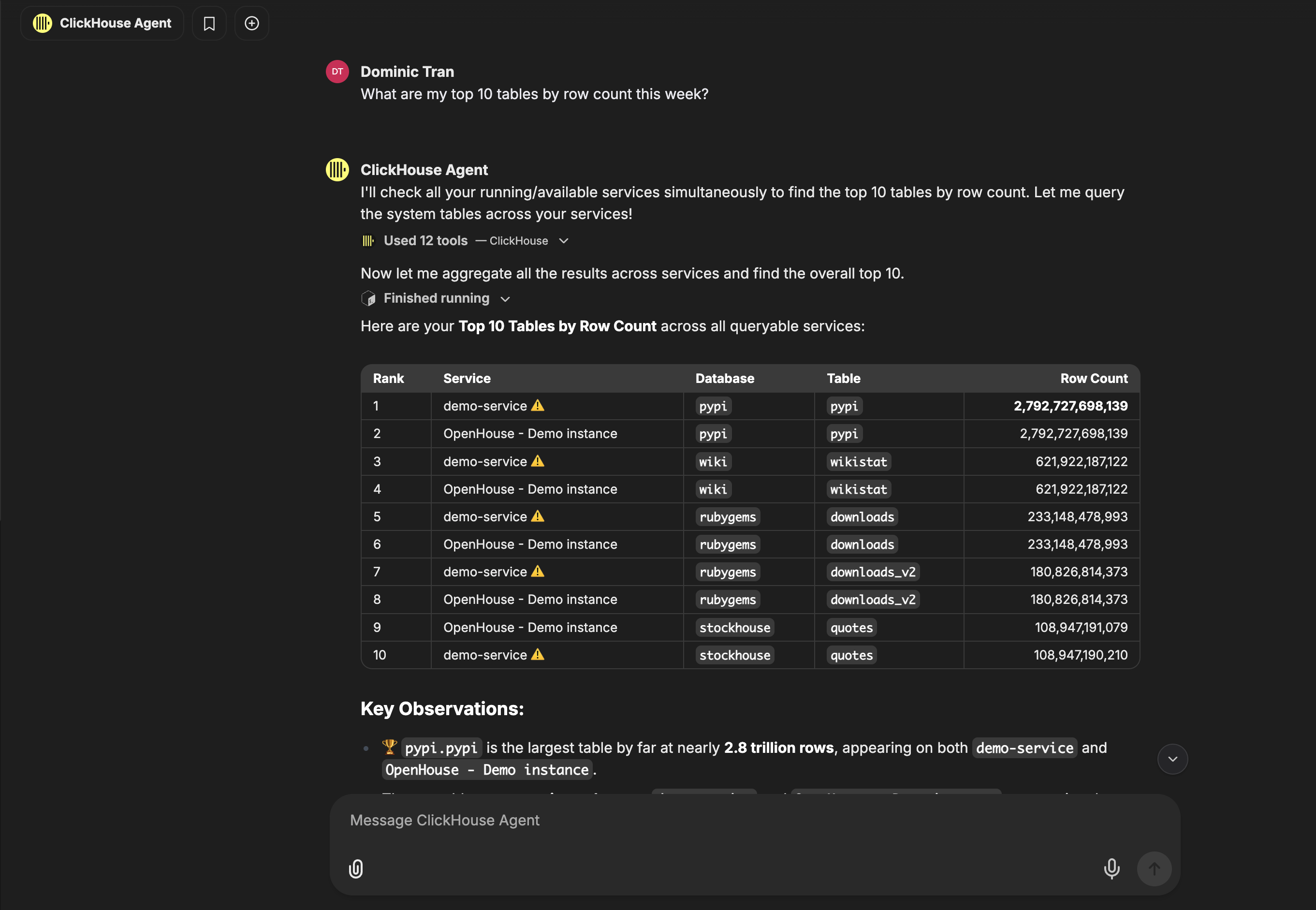 Chat exchange showing the question 'What are my top 10 tables by row count this week?' and the agent's response — a Markdown table ranking the top 10 tables across services by row count, with Key Observations below