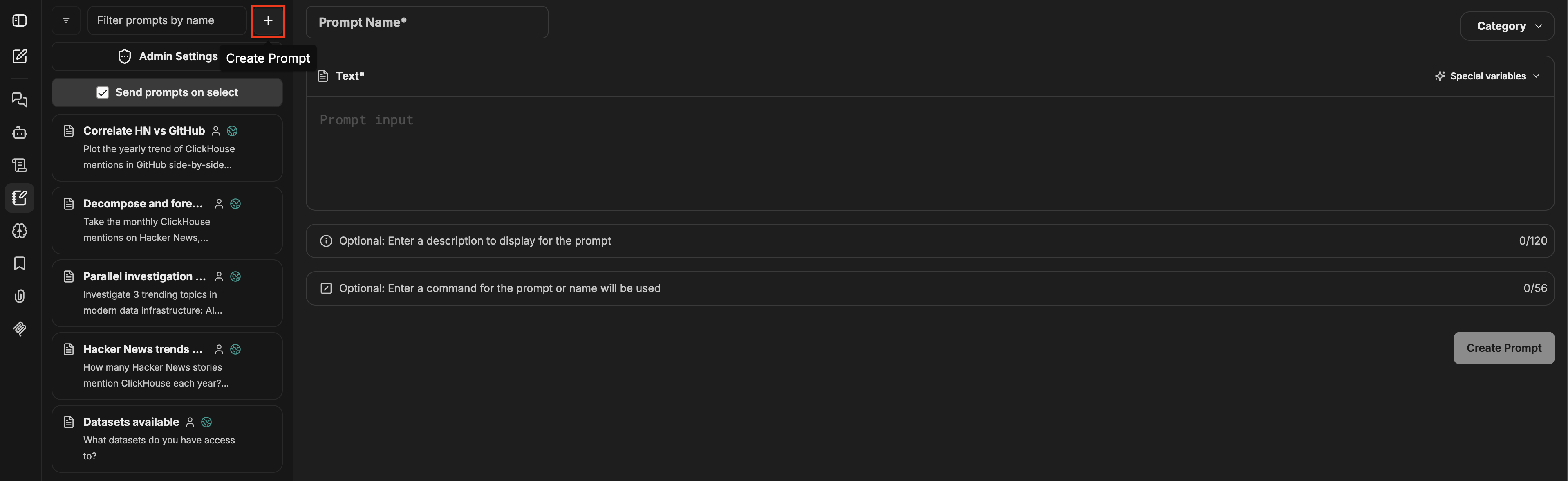 Prompts panel with the + button highlighted on the left and the Create Prompt form open on the right showing Prompt Name, Text, Category, Special variables, Description, and Command fields, with a Create Prompt button