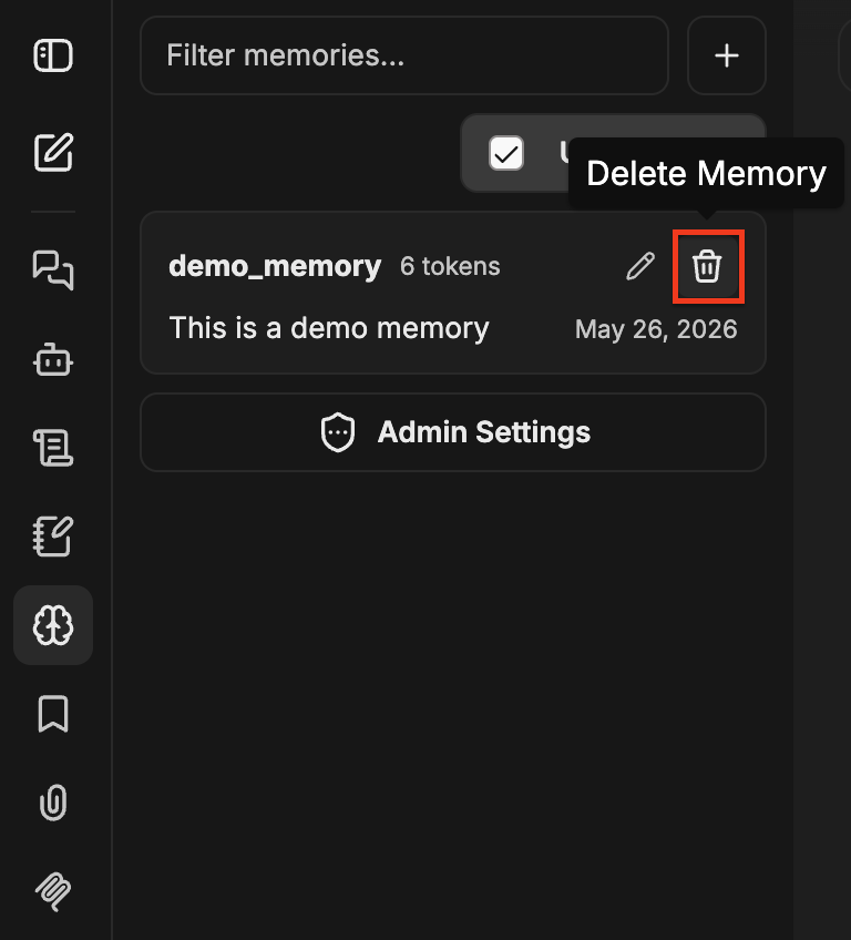 Memory entry with the Delete Memory trash icon highlighted