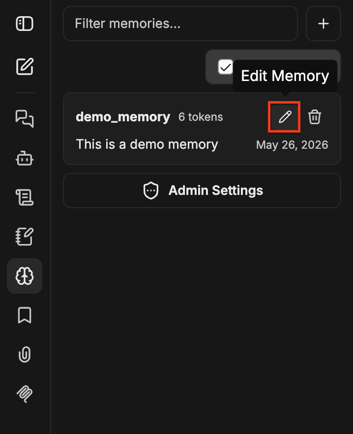 Memory entry with the Edit Memory pencil icon highlighted