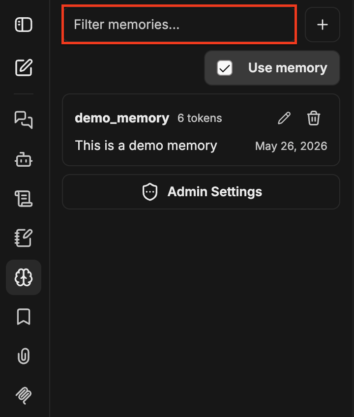 Memory panel with the Filter memories input highlighted and 'demo' typed in