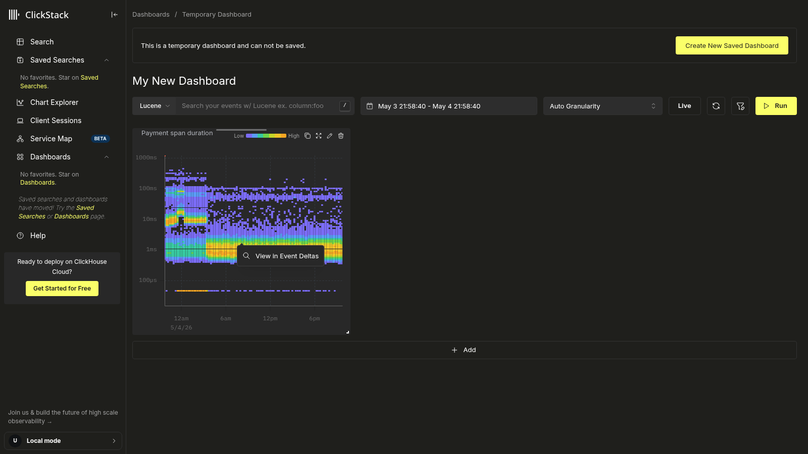 При щелчке �по ячейке heatmap отображается действие View in Event deltas