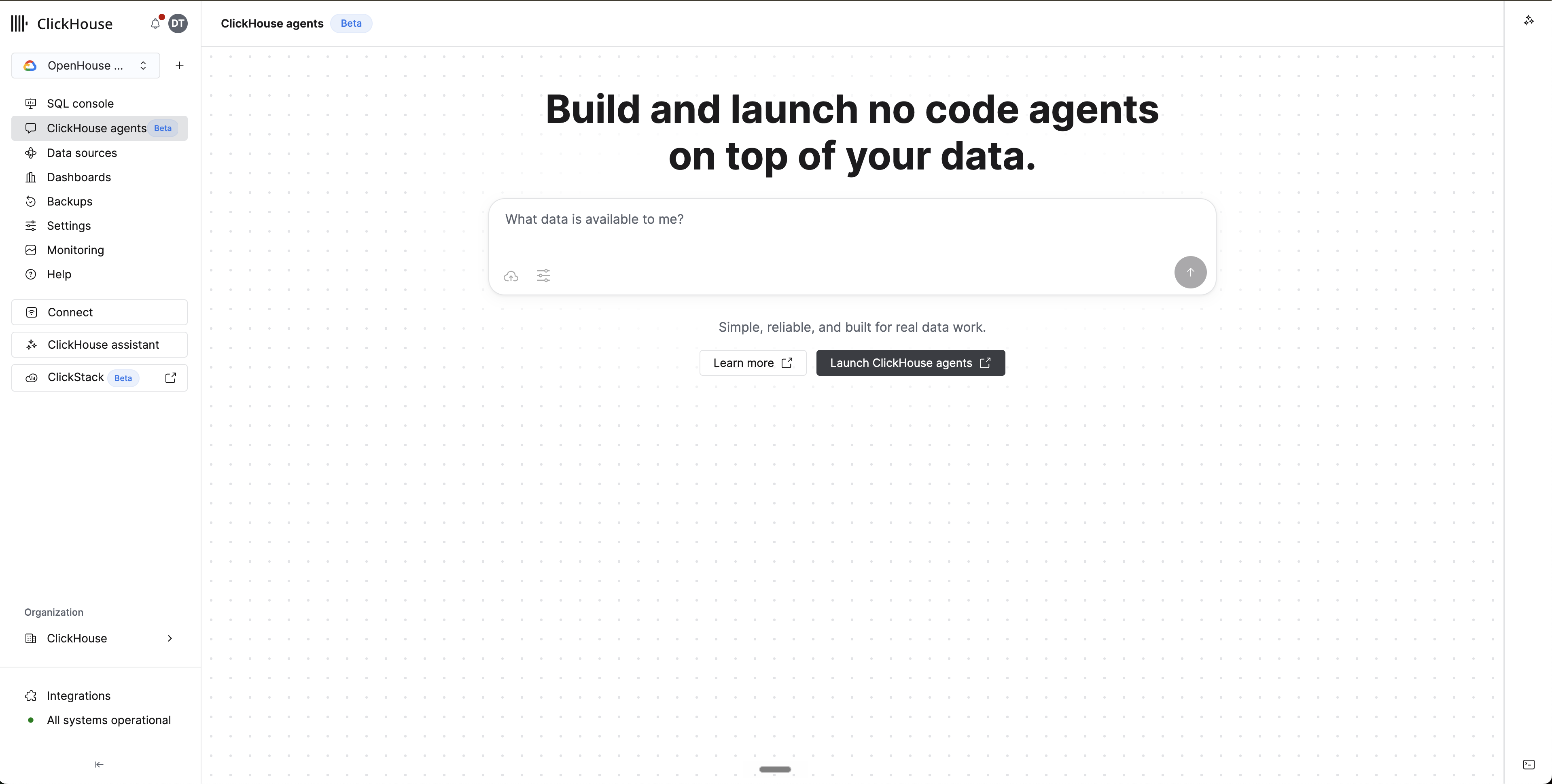 Cloud service navigation with ClickHouse agents (Beta) selected, showing the launchpad with the Launch ClickHouse agents button