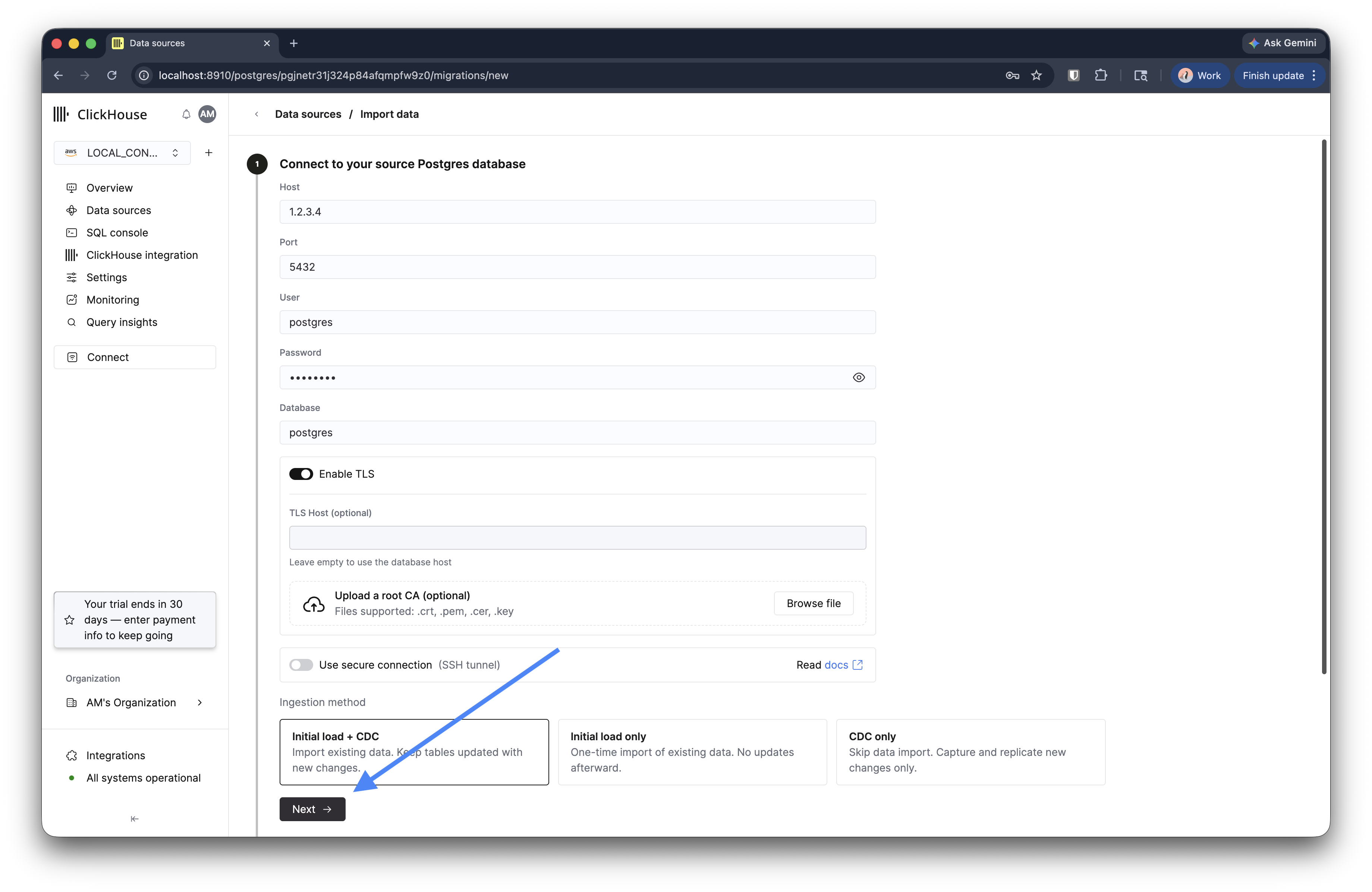 Step 1: source database connection form with ingestion method options