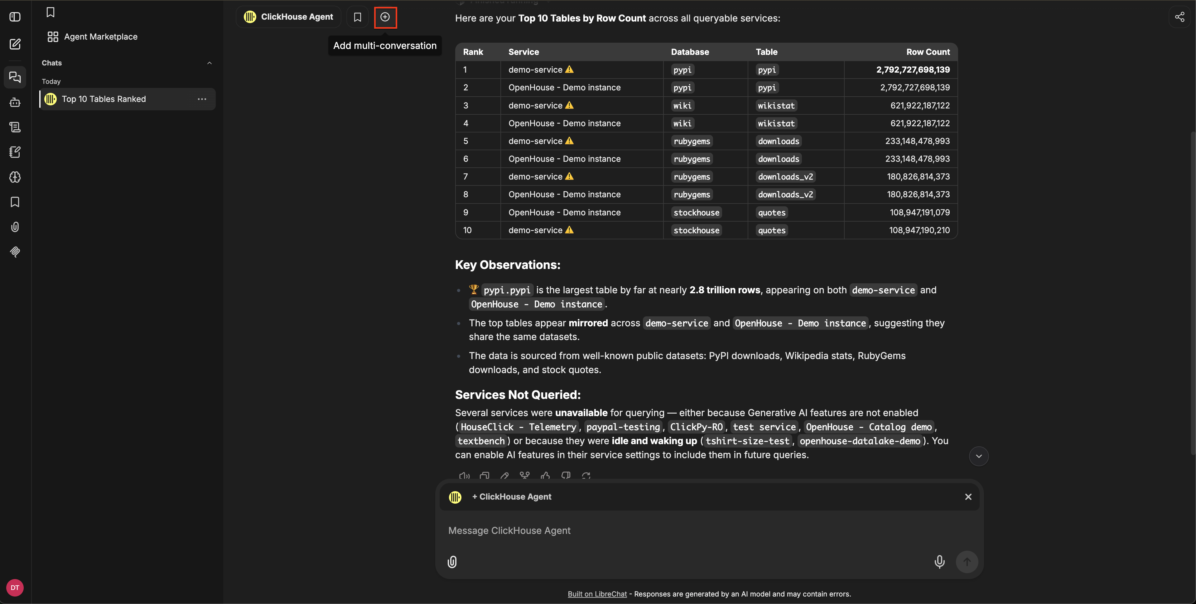 Chat header with the Add multi-conversation button highlighted, and a + ClickHouse Agent indicator above the composer