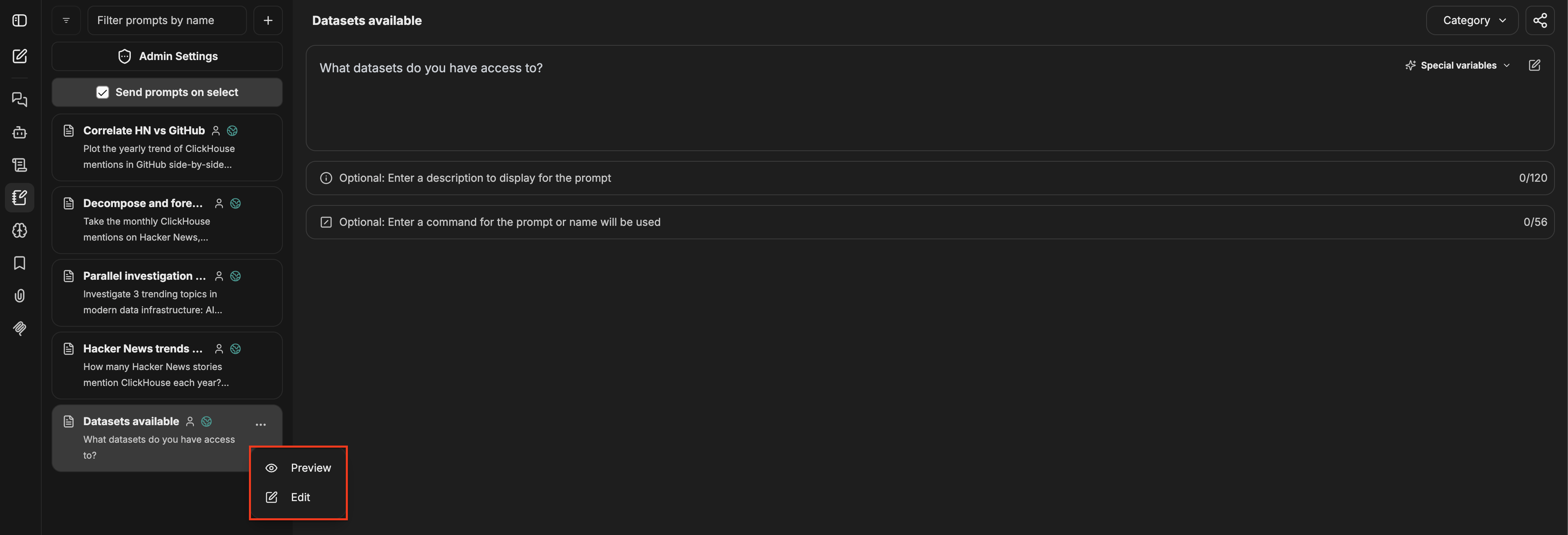Prompts panel with a prompt selected, its details visible on the right, and a context menu showing Preview and Edit options