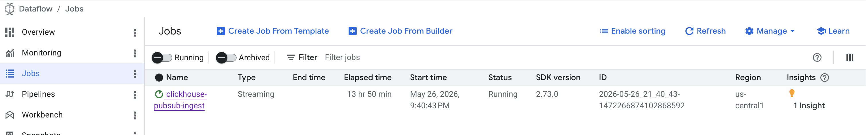 Dataflow console showing a running Pub/Sub to ClickHouse job