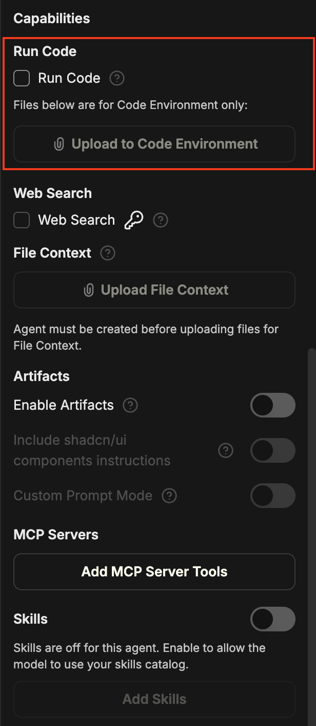 Run Code section of the Capabilities panel with the Run Code checkbox enabled and an Upload to Code Environment button