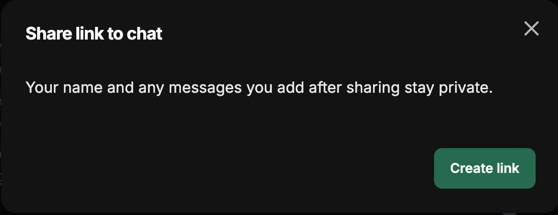 Share link to chat dialog with the Create link button and a note that your name and any messages added after sharing stay private