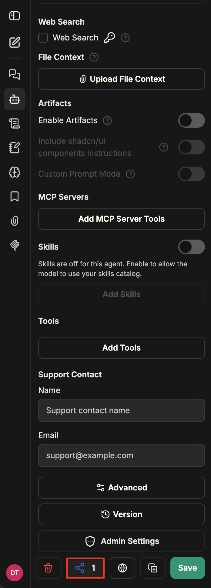 Bottom of the Agent Builder panel with the share icon highlighted and a badge showing one shared principal