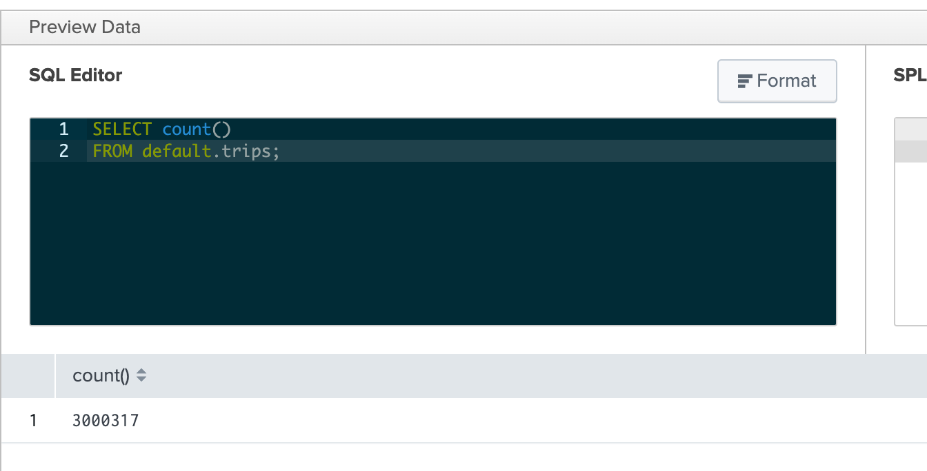 Выпол�нение SQL-запроса в Splunk, показывающее количество записей в таблице trips