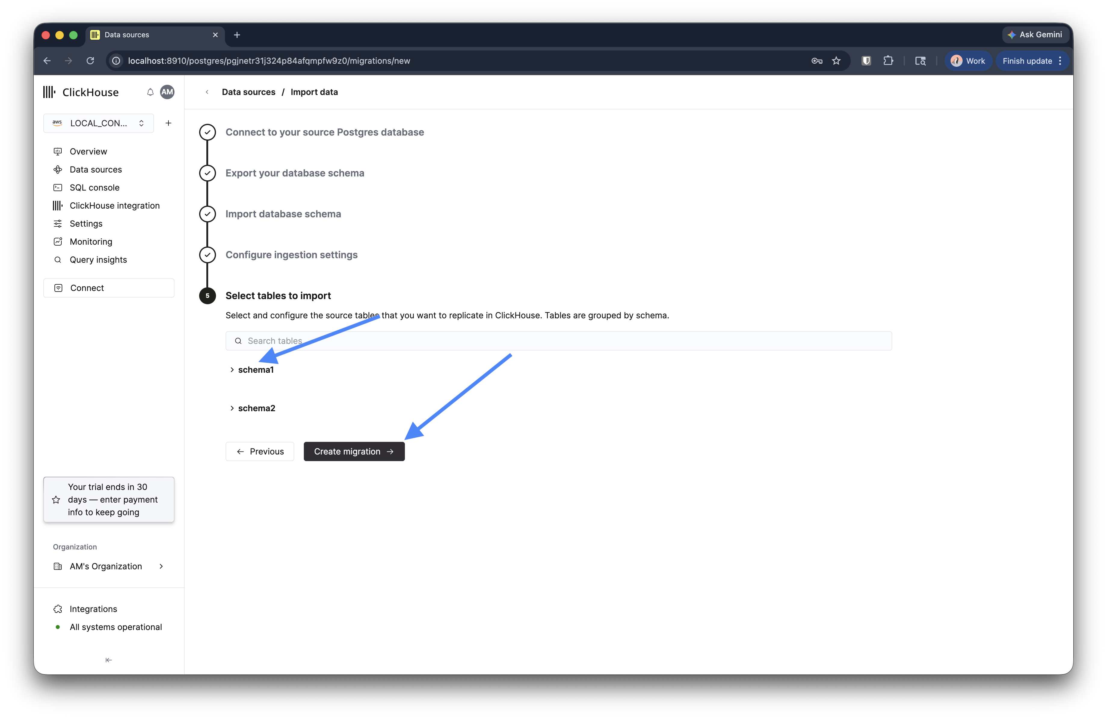 Step 5: table picker grouped by schema with Create migration button