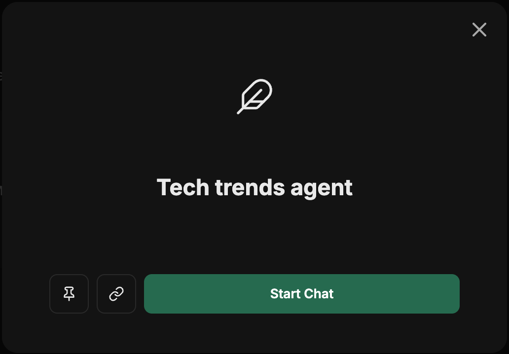 Agent detail modal showing the agent name, an icon, and Pin, Copy link, and Start Chat actions